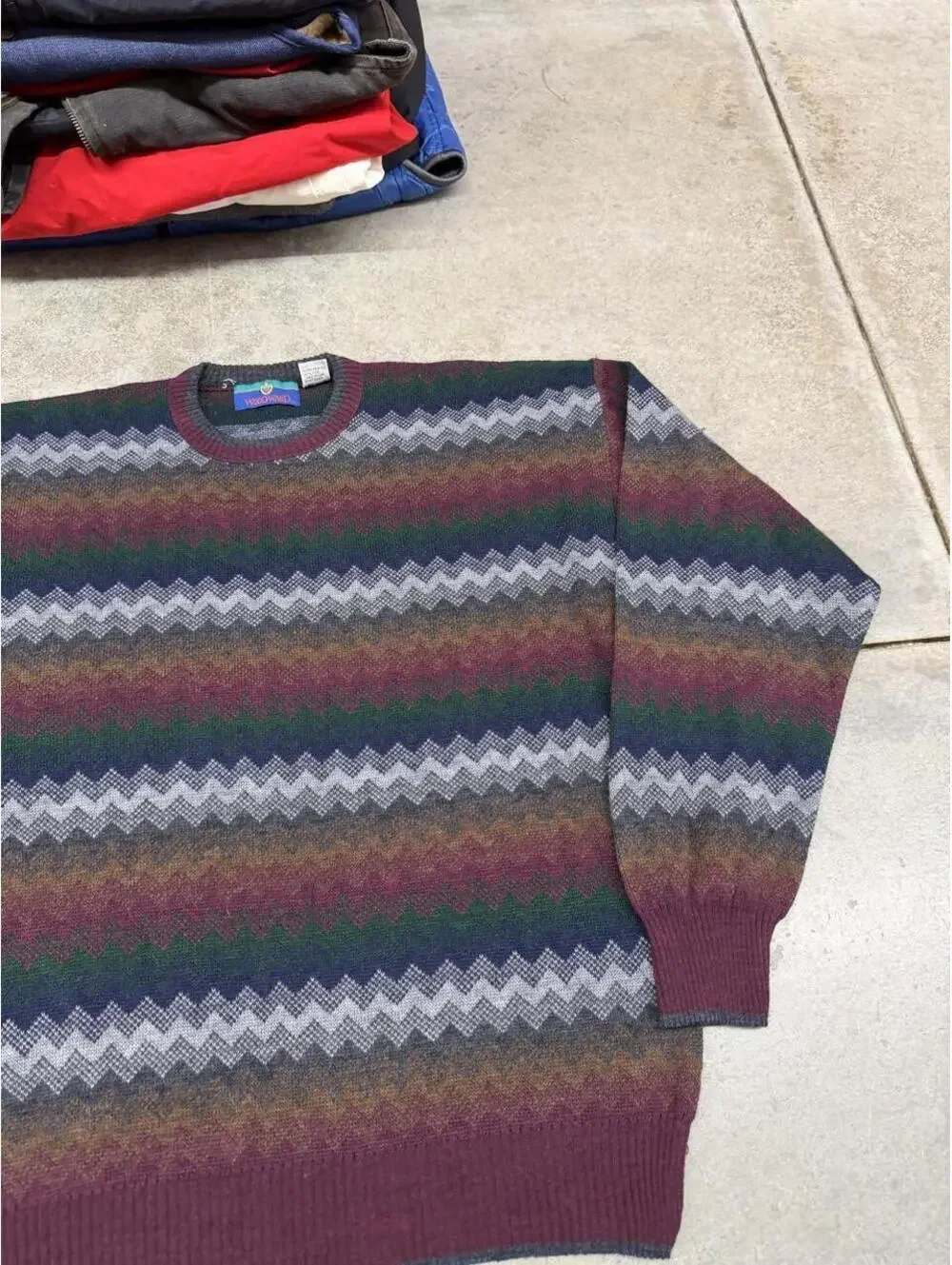 vintage woodward burgandy grey navy and beige striped knit sweater size medium